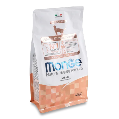Корм сухий повнораціонний для котів з лососем Adult Natural Superpremium Monge, в/ґ, 400г