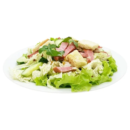 Салат з салямі, капусти пекінської, огірків та сухариків ваг. Кулінар.