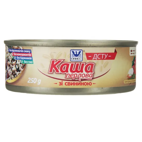 Каша перлова консервована зі свининою Онисс з залізній банці 250г