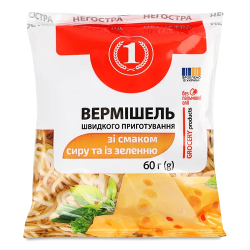 Вермішель Швидкого Приготування Зі Смаком Сиру Та Із Зеленню Негостра, в/ґ, 60г
