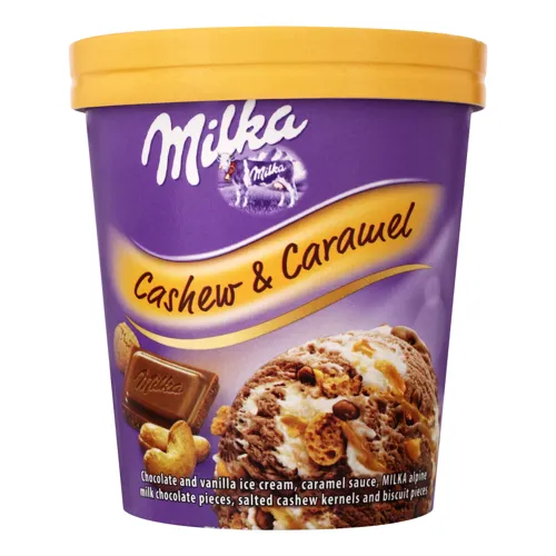 Морозиво шоколадне та ванільне з карамельним соусом Cashew&Caramel Milka відро 305г