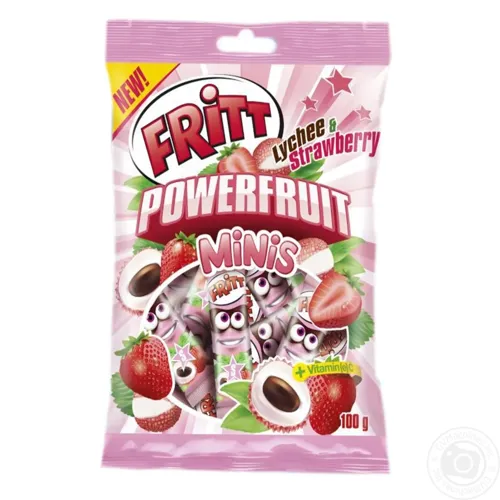 Цукерки жувальні Fritt міні зі смаком лічі та полуниці 100г