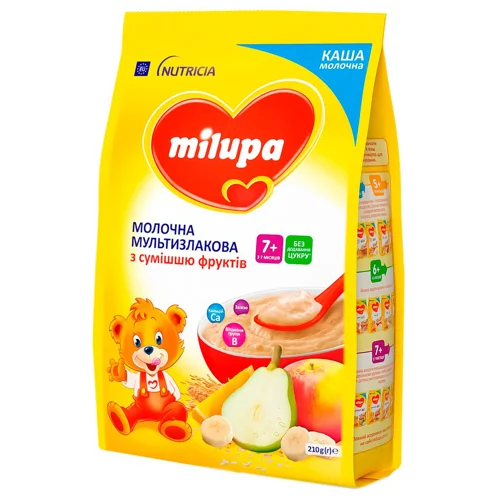 Каша молочна Milupa суха для дітей від 7-ми місяців мультизлакова з сумішшю фруктів 210г