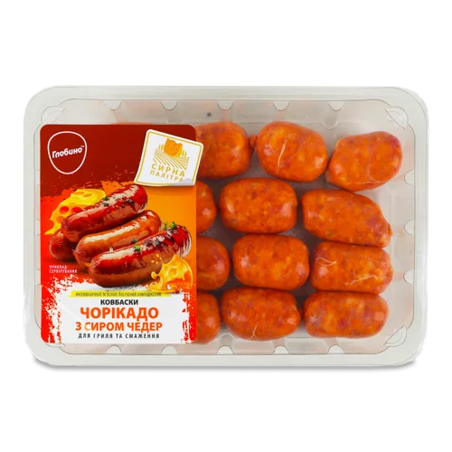 Ковбаски Для Грилю Та Смаження Чорікадо З Сиром Чедер В/ґ, Сирна Палітра, Глобино, Охол, Лоток, 550г