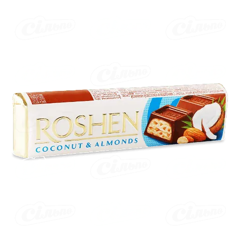 Батончик Roshen молочно-шоколадний з мигдалем та кокосовою начинкою 38г