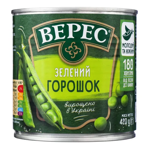 Горошок консервований зелений Верес з/б 420г