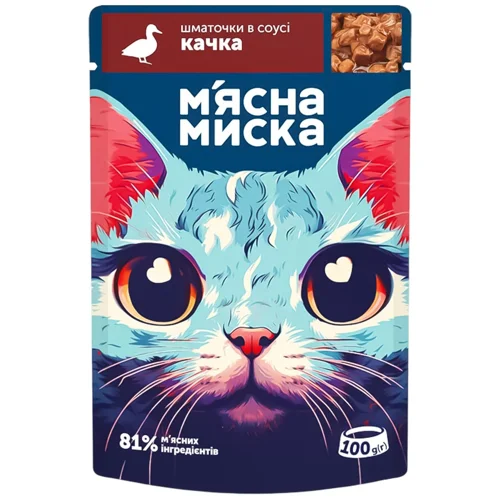 Корм вологий М'ясна Миска шматочки в соусі з качкою для дорослих котів 100г