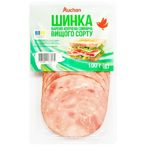 Шинка Auchan свиняча варено-копчена вищий сорт 100г