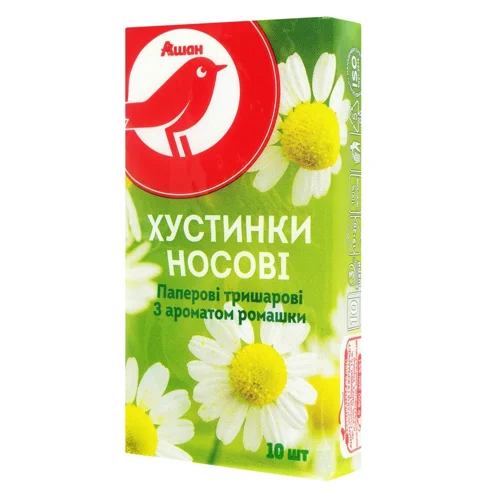 Хустинки носові Auchan тришарові з ароматом ромашки 10шт