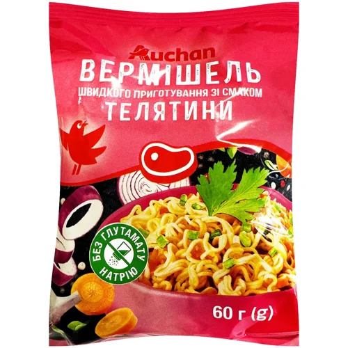 Вермішель Auchan зі смаком телятини швидкого приготування 60г