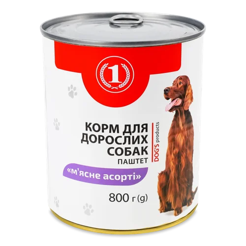 Корм Консервований Для Дорослих Собак М'ясне Асорті Паштет ТМ "1" з/б 800г