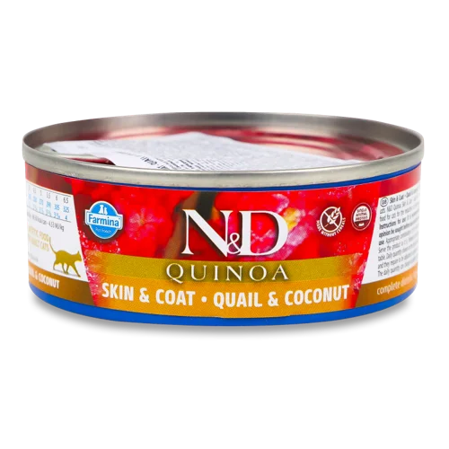 Корм Консервований Повнораціонний Для Дорослих Котів Skin&Coat-Quail&Coconut Quinoa N&D Farmina, з/б 80г