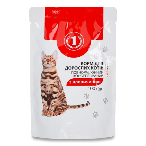 Корм Консервований Повнораційний Для Дорослих Котів З Яловичиною, з/б, 100г