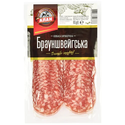 Ковбаса Алан Брауншвейгська нарізана сирокопчена вищий сорт 80г