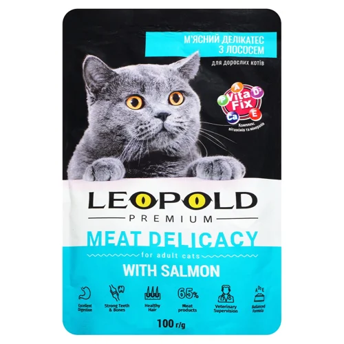 Корм вологий Leopold Premium М'ясний делікатес з лососем для котів 100г
