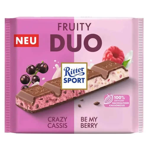 Шоколад молочний Ritter Sport Fruity Duo зі шматочками смородини, малини та рисовими пластівцями 218г