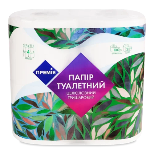 Папір туалетний «Премія» білий, 3-шаровий, 4 шт.