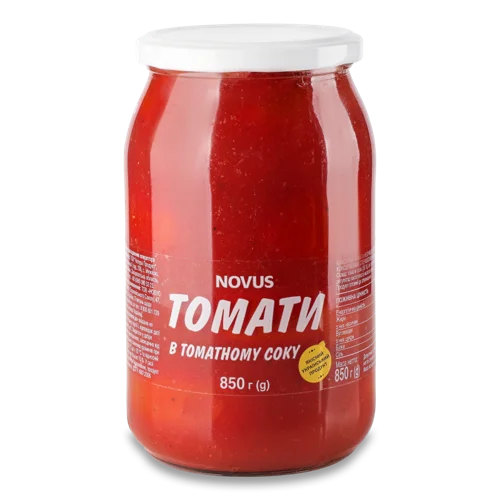 Томати Неочищені В Томатовому Соку Novus, Скляна Банка 850г