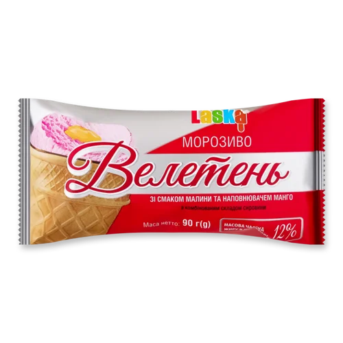 Морозиво 12% З Малиновим Смаком І Манго Вафельний Стакан Велетень Laska, н/о, 90г