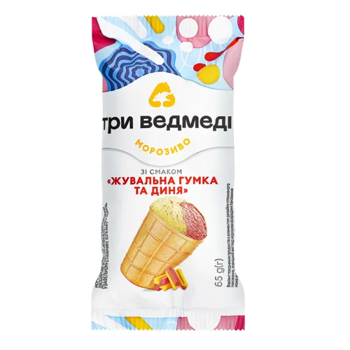 Морозиво 10% у вафельному стаканчику Жувальна гумка та Диня Три ведмеді м/у 65г