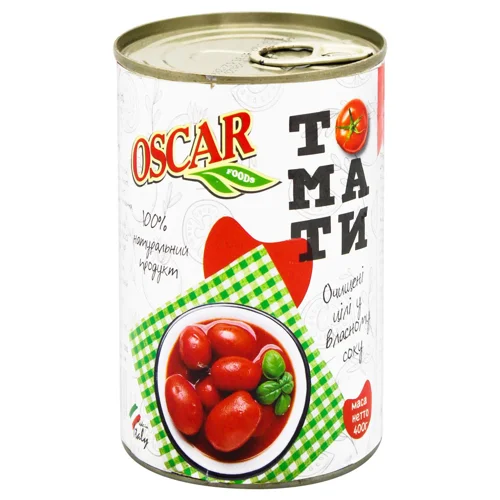 Помідори Oscar очищені цілі у власному соку 400г