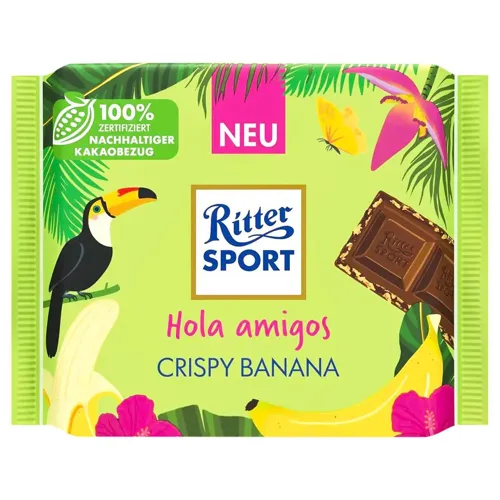 Шоколад молочний «Ritter Sport» з бананом та рисовими чіпсами 100г