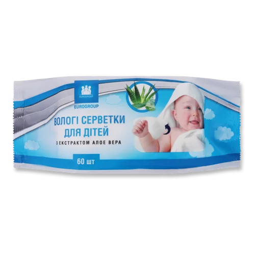 Вологі Серветки Дитячі Еврогруп з Екстра Алое Віра, 60 шт.