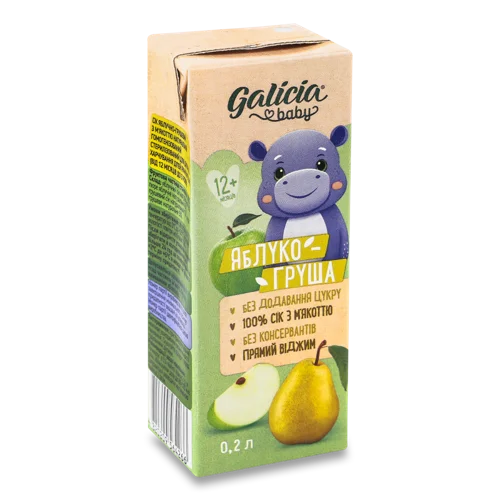 Сік Дитячий З М'якоттю Гомогенізований Стерилізований Яблуко-Груша Baby Galicia, т/п 0.2л