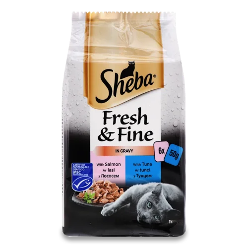 Корм для котів повнораціонний консервований з лососем і тунцем, Fresh&Fine Sheba, залізна банка, 1 шт