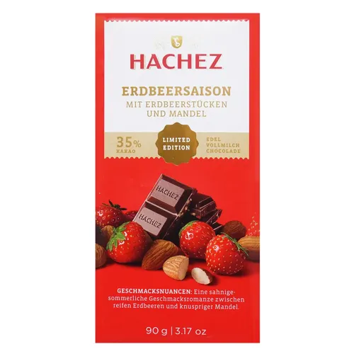 Шоколад Hachez молочний зі шматочками мигдалю та полуниці 90г