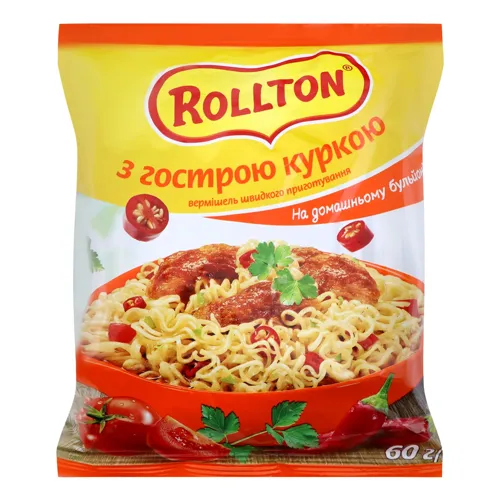 Вермішель швидкого приготування на домашньому бульйоні з гострою куркою Rollton м/у 60г