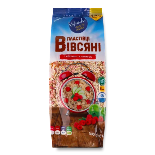 Вівсяні Пластівці з Яблуком та Малиною, Смачні Сніданки, Хатинка, м/у, 300г