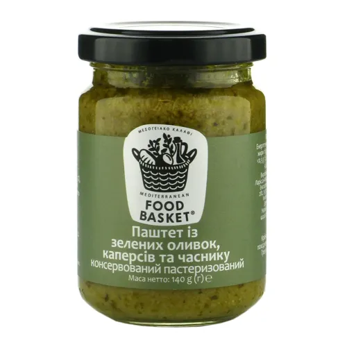 Паштет з зелених оливок та каперсів Food basket з часником пастеризований 156г