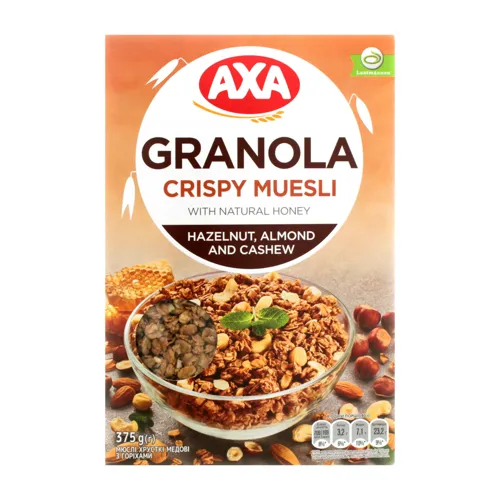 Мюслі хрусткі медові з горіхами Granola Axa, картонна упаковка, 375г