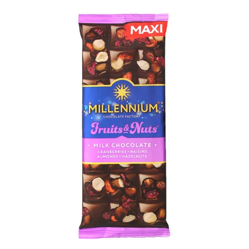 Шоколад Millennium Fruits&Nuts молочний з мигдалем, фундуком, журавлиною та родзинками 140г