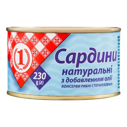 Сардини натуральні з додаванням олії №1 з залізній банці 230г