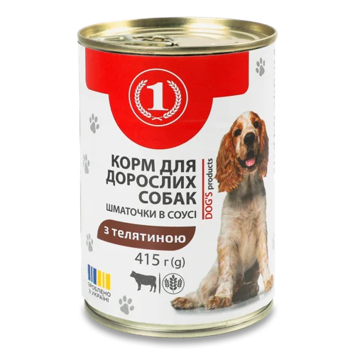 Корм Консервований Повнораціонний Для Дорослих Собак З Телятиною, шматочки в соусі, з/б 415г