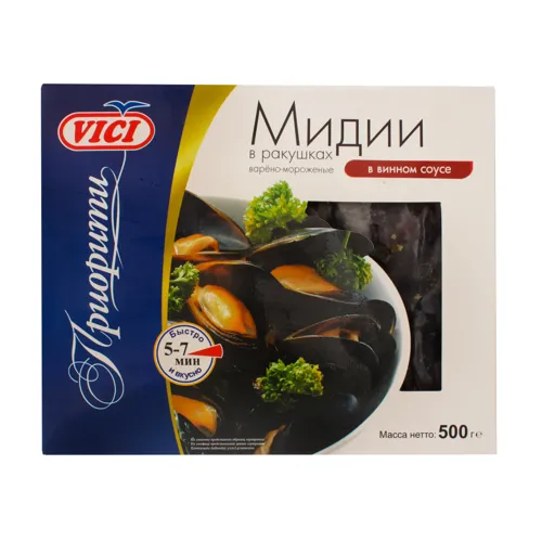 Мідії Vici у мушлях варено-морожені у винному соусі 500г п/е