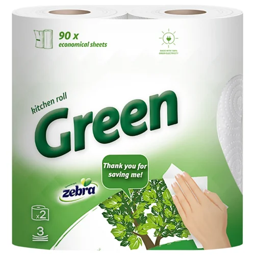 Рушники паперові Zebra Green тришарові 2 рулона по 90 аркушів
