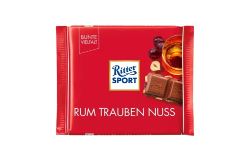 Шоколад молочний «Ritter Sport» з ямайським ромом, родзинками та горіхами, 100г