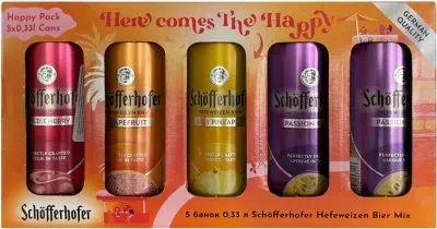 Подарунковий набір суміші пива з соком Schofferhofer Hefeweizen Bier Mix (Грейпфрут - 1 шт, Соковитий ананас - 1 шт, Дика вишня - 1 шт, Пасифлора - 2 шт) світле нефільтроване 2.5% 0.33л x 5 шт
