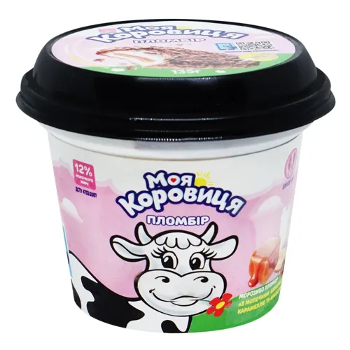 Морозиво Моя Коровиця Пломбір з молочним шоколадом карамеллю та арахісом у пластиковому стакані 135г
