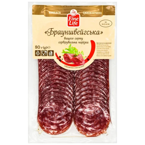 Ковбаса Fine Life Брауншвейгська сирокопчена вищий сорт нарізка 80г
