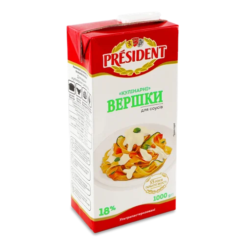 Вершки 18% Вищого Ґатунку для Соусів Ультрапастеризовані, Кулінарні President, Тара 1000г