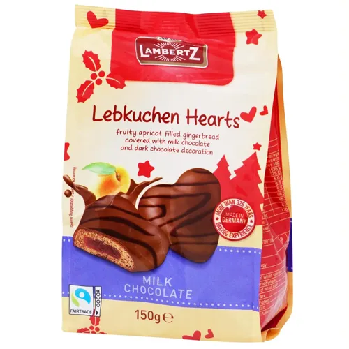 Пряники Lambertz серця в молочному шоколаді з абрикосовою начинкою 150г