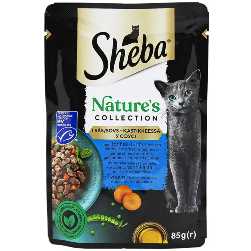 Корм вологий Sheba Nature's з тунцем, лляною олією та горошком для котів 85г