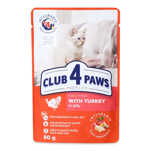 Корм Консервований Повнораціонний Для Кошенят З Індичкою В Желє Premium Club 4 Paws, з/б 80г