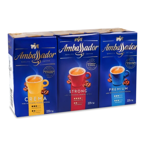 Кава Натуральна Мелена Ambassador, Crema 225г, Strong 225г, Premium 225г, м/у 1шт