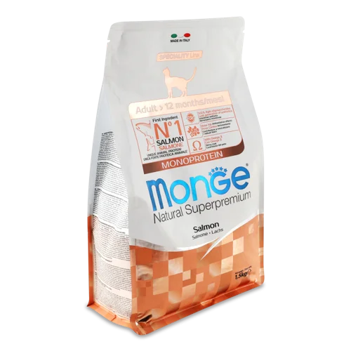 Корм сухий повнораціонний для котів з лососем Adult Natural Superpremium Monge, в/к, 1.5 кг