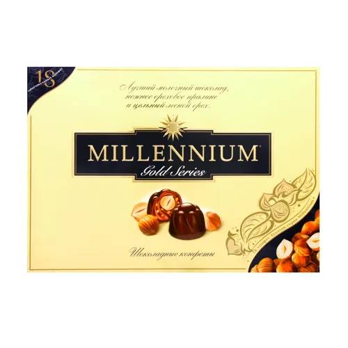 Цукерки шоколадні з горіховим праліне і цілим лісовим горіхом у молочному шоколаді Gold Millennium к/у 205г